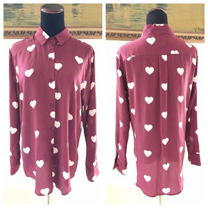 Silk Blouse Shirt Red Heart Pattern Valentine M
